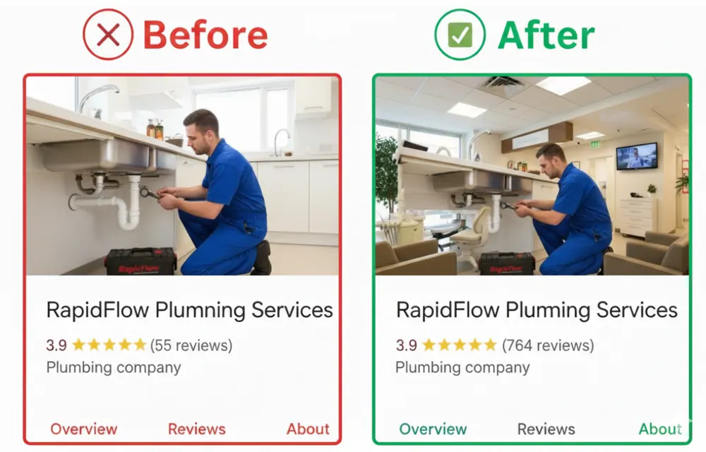 RapidFlow Plumbing Services Google Business Profile growth from 55 reviews to 764 reviews after buying Google reviews