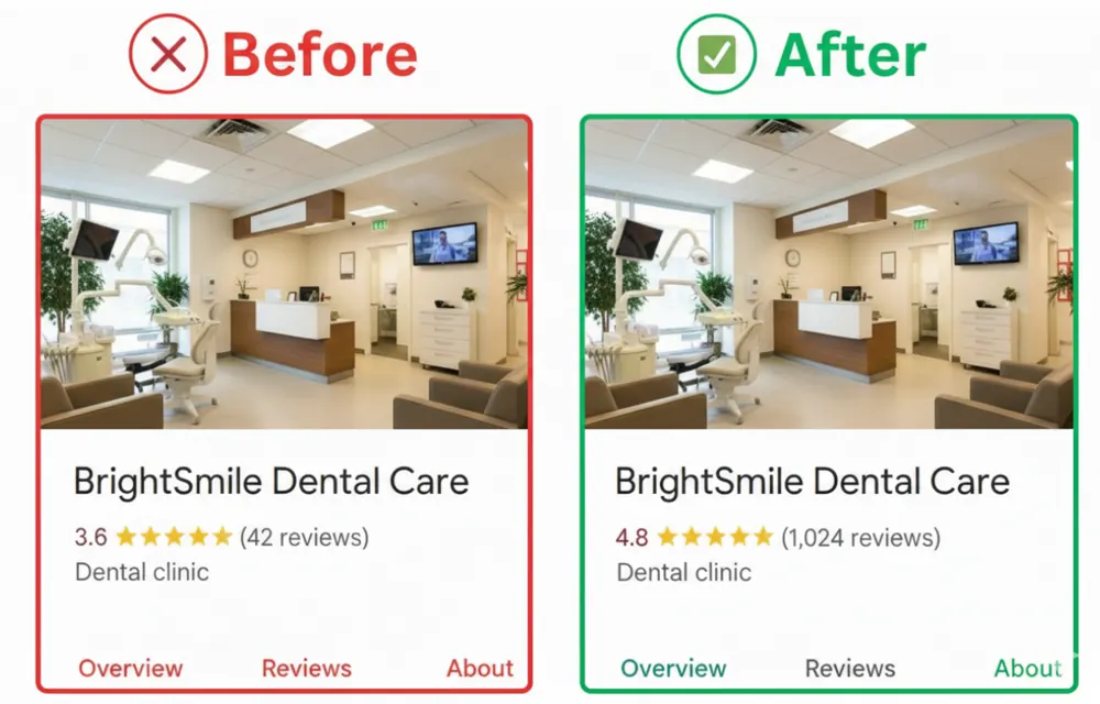 BrightSmile Dental Care Google reviews before and after - grew from 3.6 stars 42 reviews to 4.8 stars 1024 reviews