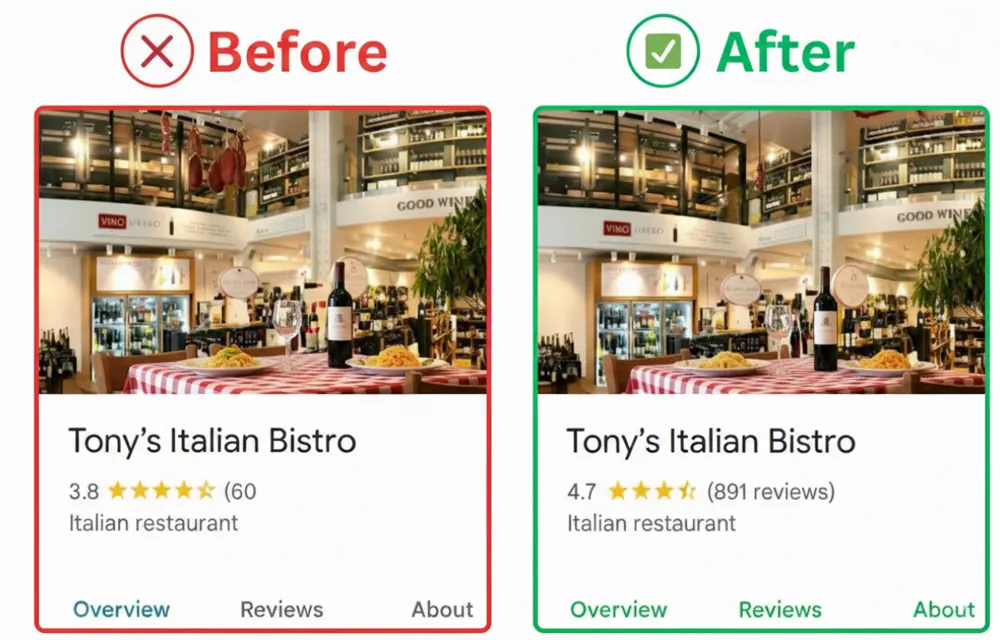 Tony's Italian Bistro Google Business Profile before and after review growth from 60 to 891 reviews