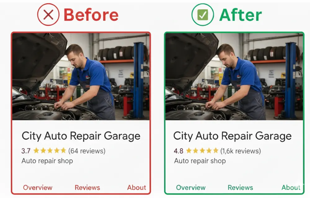 City Auto Repair Garage Google reviews before and after - rating improved from 3.7 stars with 64 reviews to 4.8 stars with 1.6k reviews
