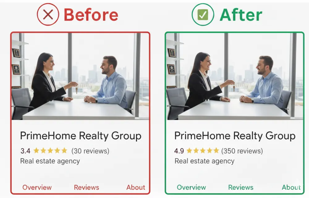 PrimeHome Realty Group Google Business Profile before and after - rating grew from 3.4 stars with 30 reviews to 4.9 stars with 350 reviews
