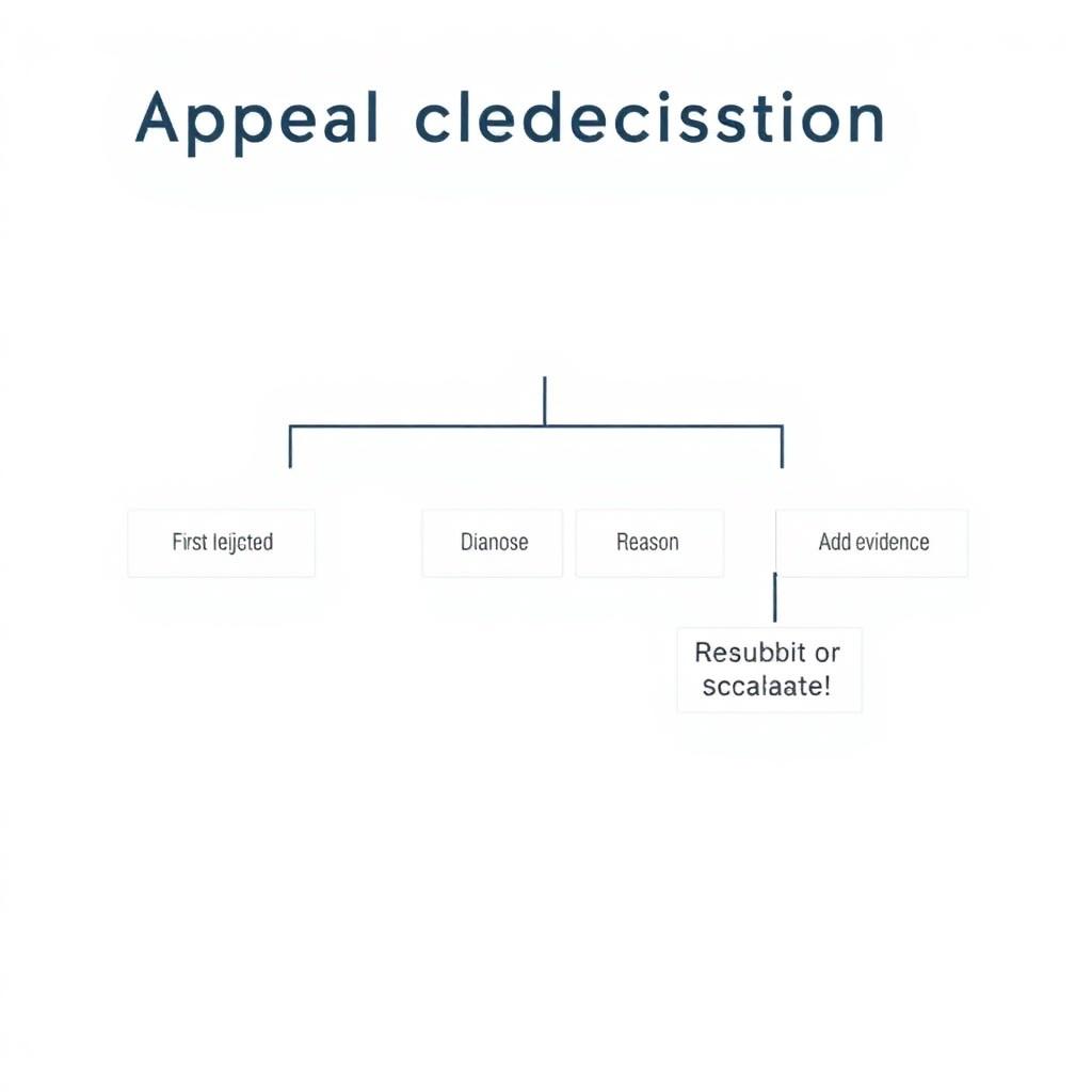 Decision flowchart showing the four-step appeal process: first rejection, diagnose reason, add evidence, resubmit or escalate