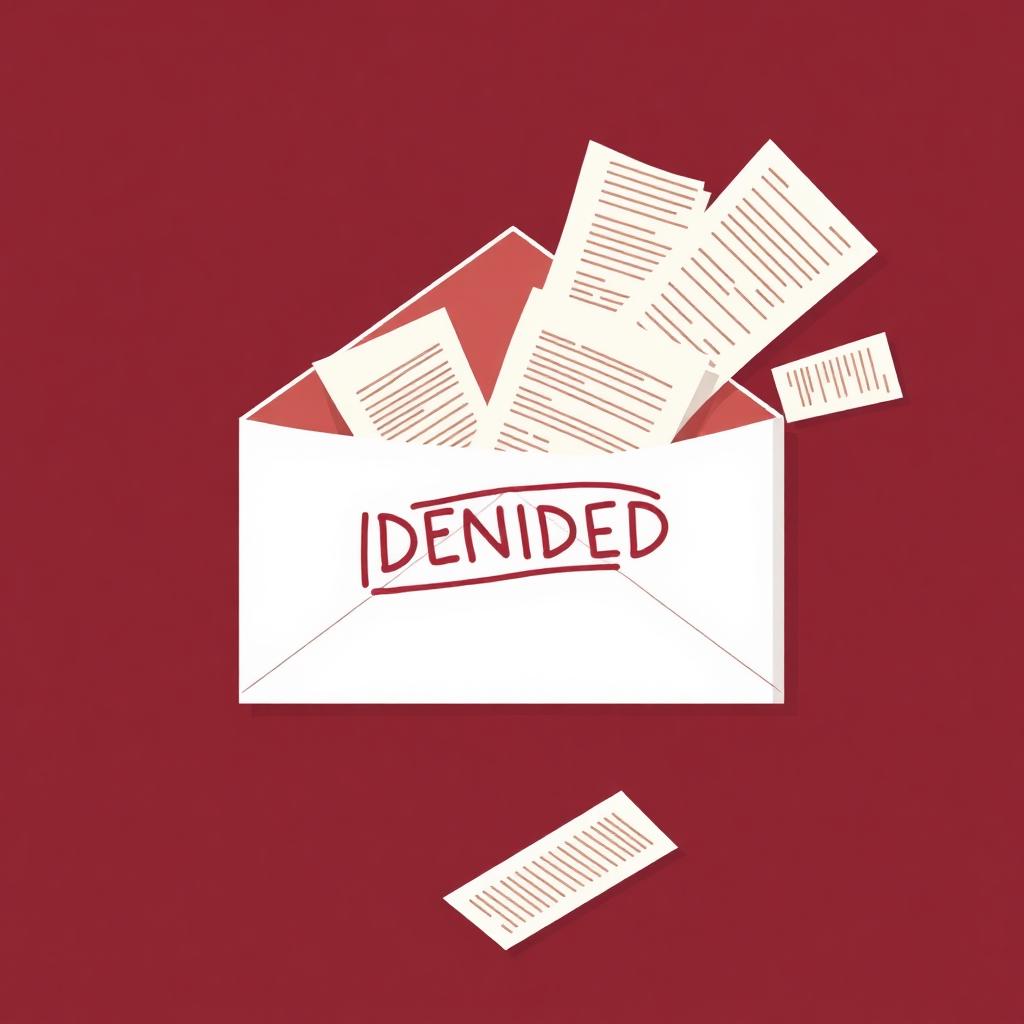 Editorial illustration of an envelope stamped DENIED being reopened with fresh evidence documents