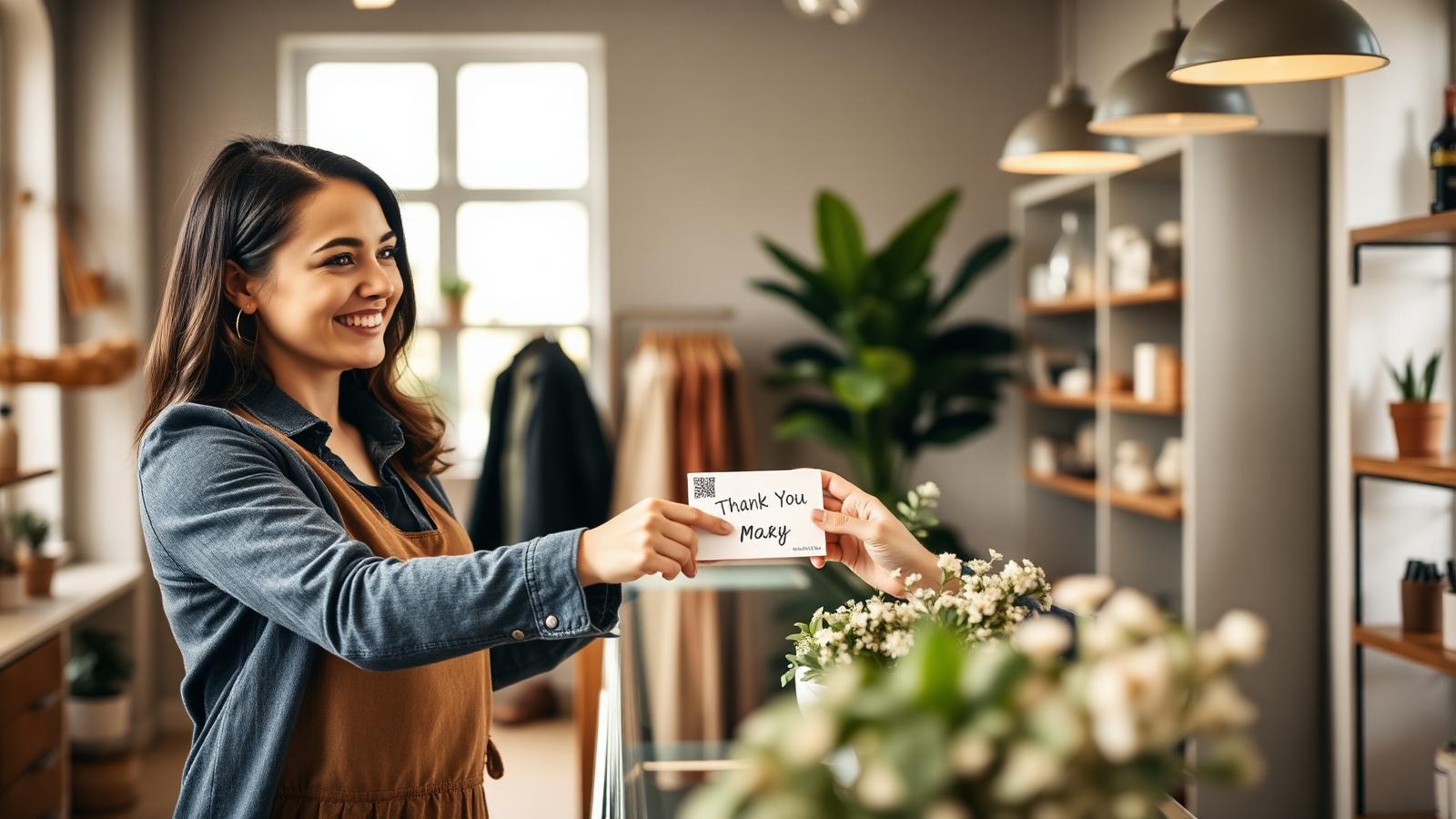 Small business owner handing a customer a printed thank-you card with a Google review QR code inside a boutique