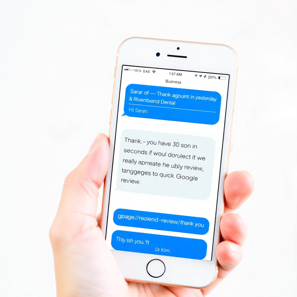 Smartphone screenshot of a personal SMS from Riverbend Dental thanking a customer and including a Google review link