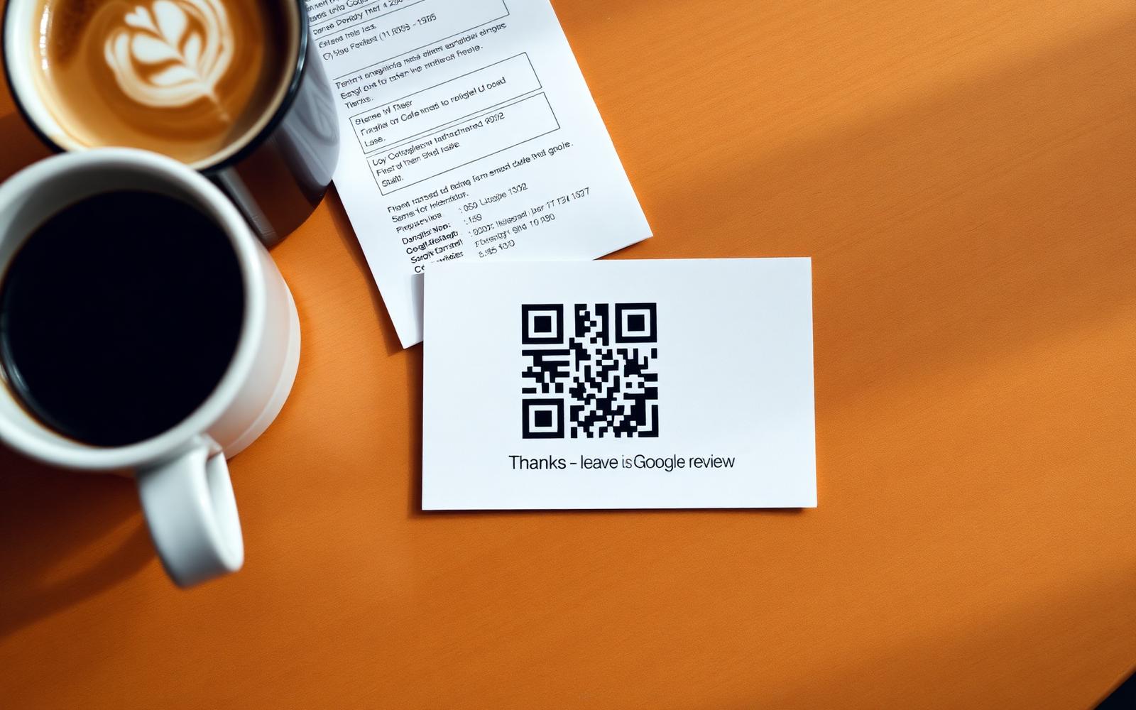 Overhead flat-lay of a printed thank-you card with a QR code and the words Thanks leave us a Google review sitting next to a coffee cup and a receipt on a wooden table