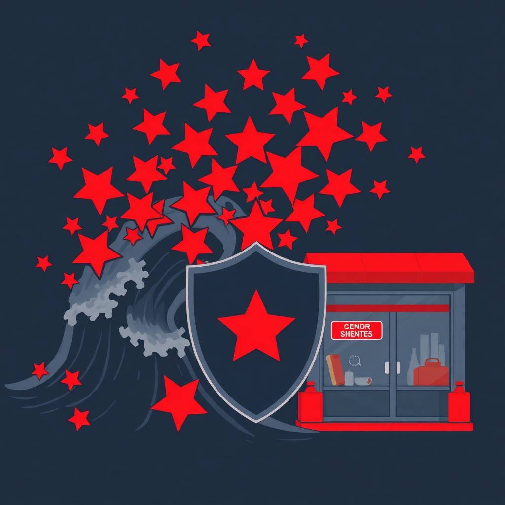 Editorial illustration of a wave of red 1-star icons crashing against a shield protecting a business storefront