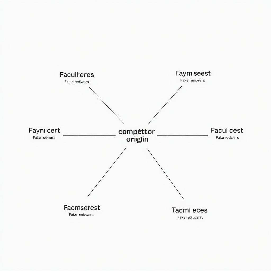 Network diagram showing five fake reviewer accounts connected to a single competitor origin node