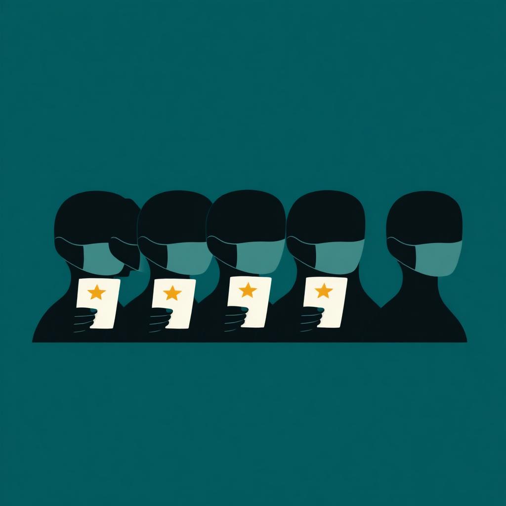 Editorial illustration of multiple identical masked silhouettes holding star rating cards, representing one person behind multiple review accounts