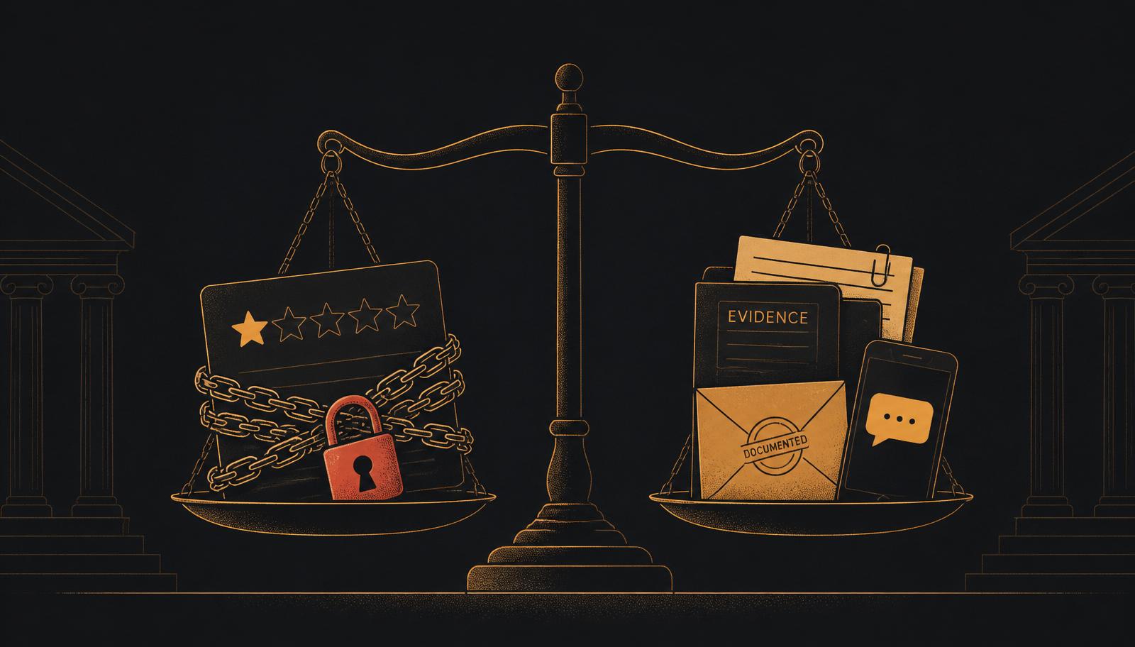 Editorial illustration of a 1-star review card wrapped in chain and padlock on a scales-of-justice balance against a stack of evidence documents