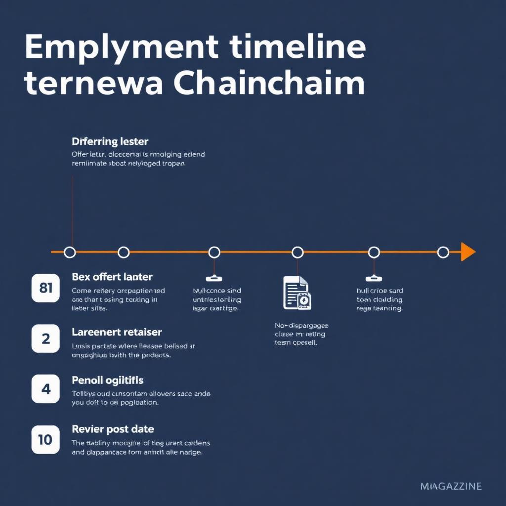 Diagram showing the five-part employment timeline evidence chain: offer letter, employment dates, termination date, non-disparagement clause, and review post date