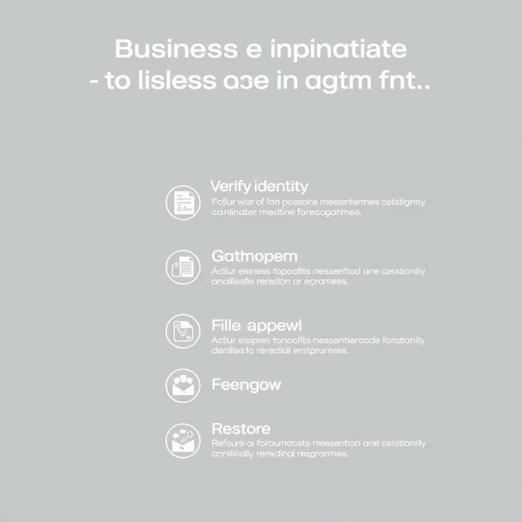 Five-step business profile reinstatement checklist showing verify identity, gather documents, file appeal, wait review, and restore
