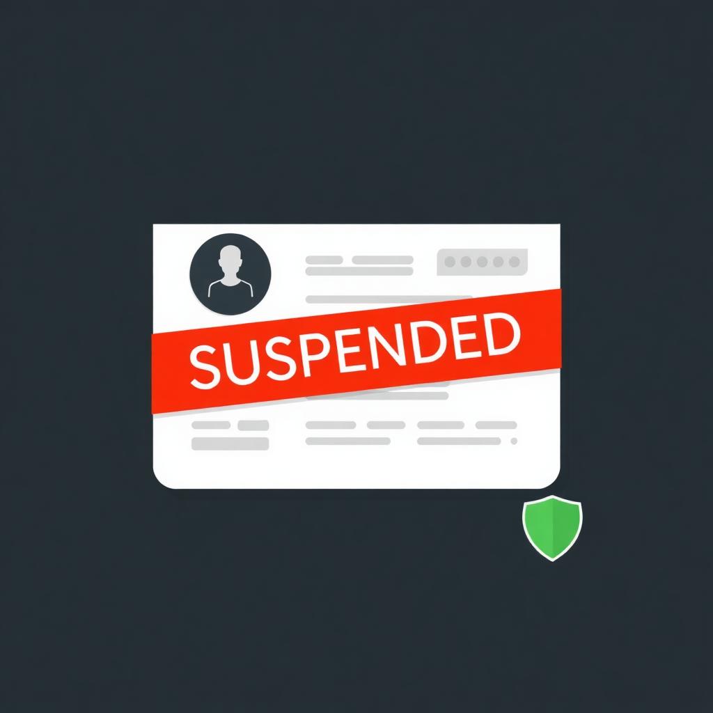 Editorial illustration of a Google-style business profile card with a red SUSPENDED banner and a green recovery shield