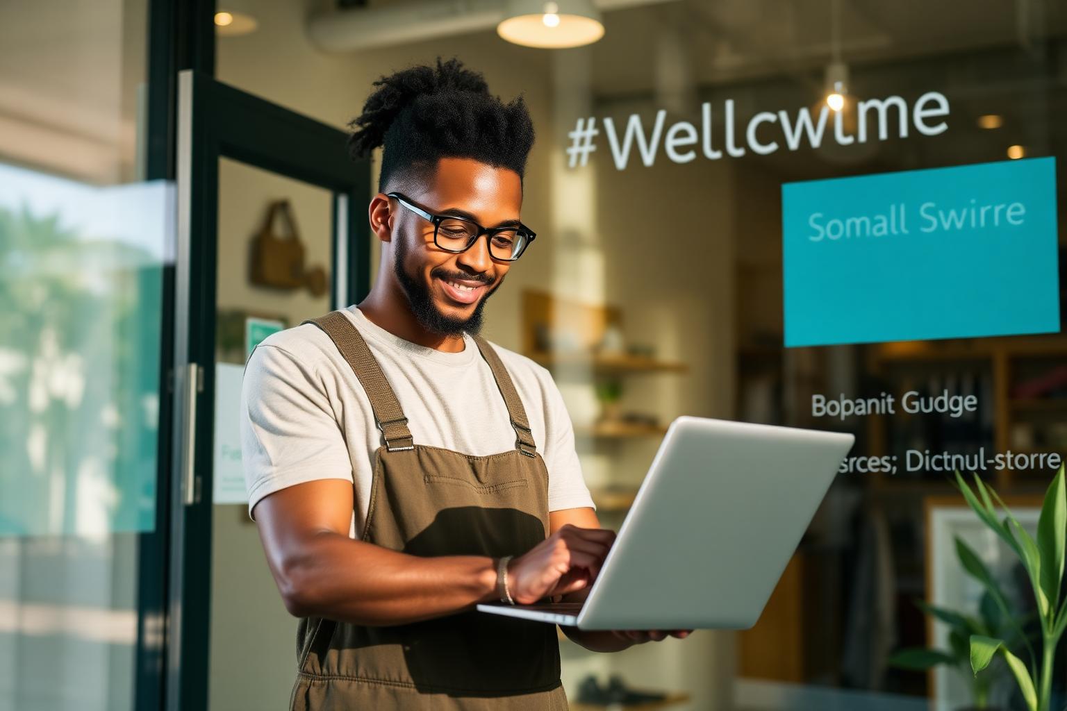 Small business owner updating Google Business Profile attributes on a laptop at the storefront entrance