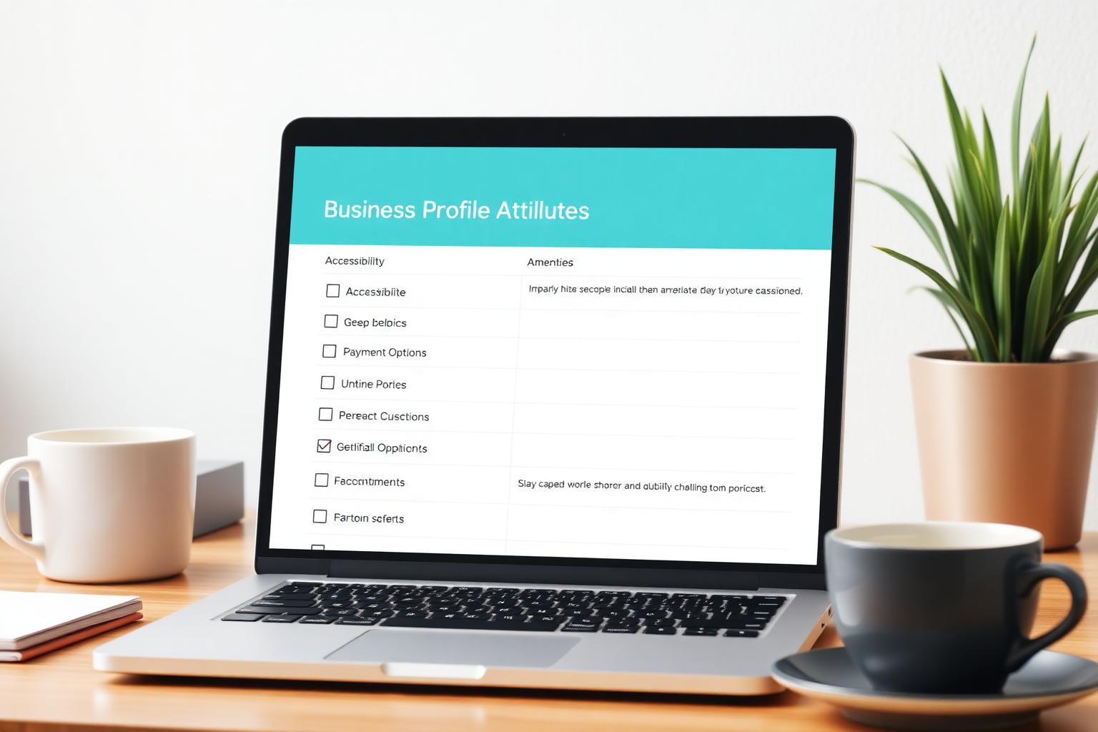 Laptop showing a Google Business Profile attributes editor with accessibility, amenities, and payment categories