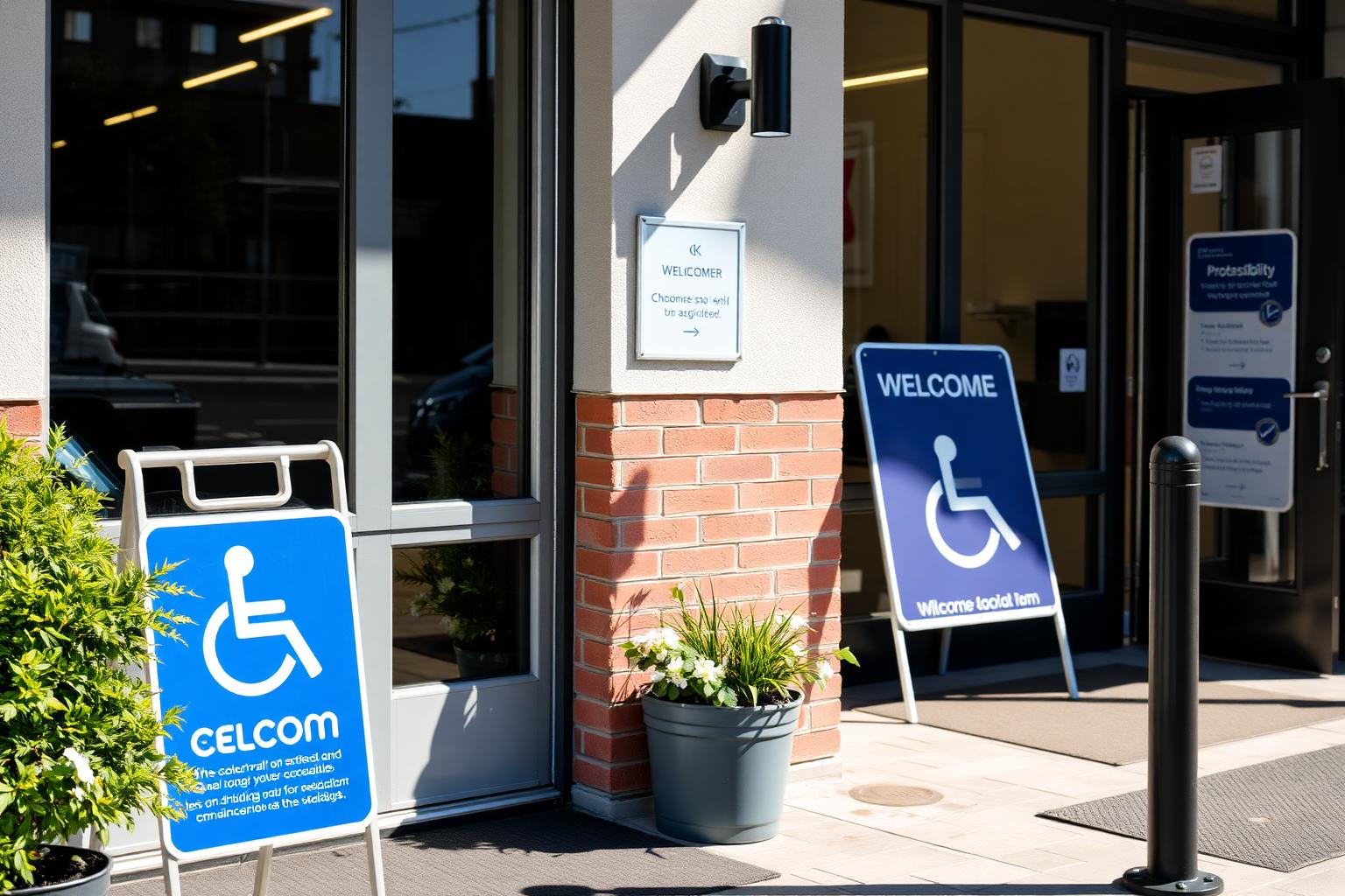 Accessible entrance signage and welcome signs at the front of a small business
