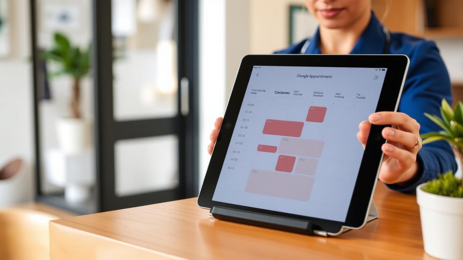 Receptionist showing an appointment calendar on a tablet at a local service business counter
