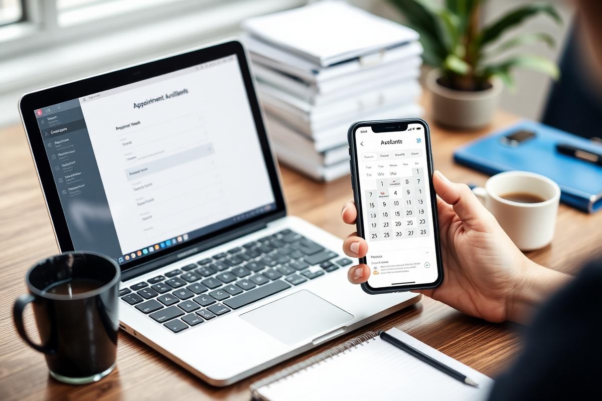 Business owner reviewing an appointment calendar on a laptop and smartphone