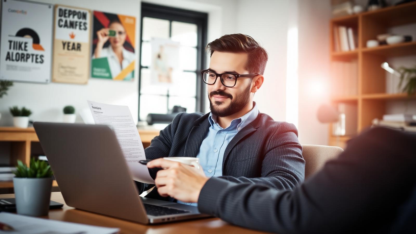 Business owner writing a business description on a laptop in a bright workspace