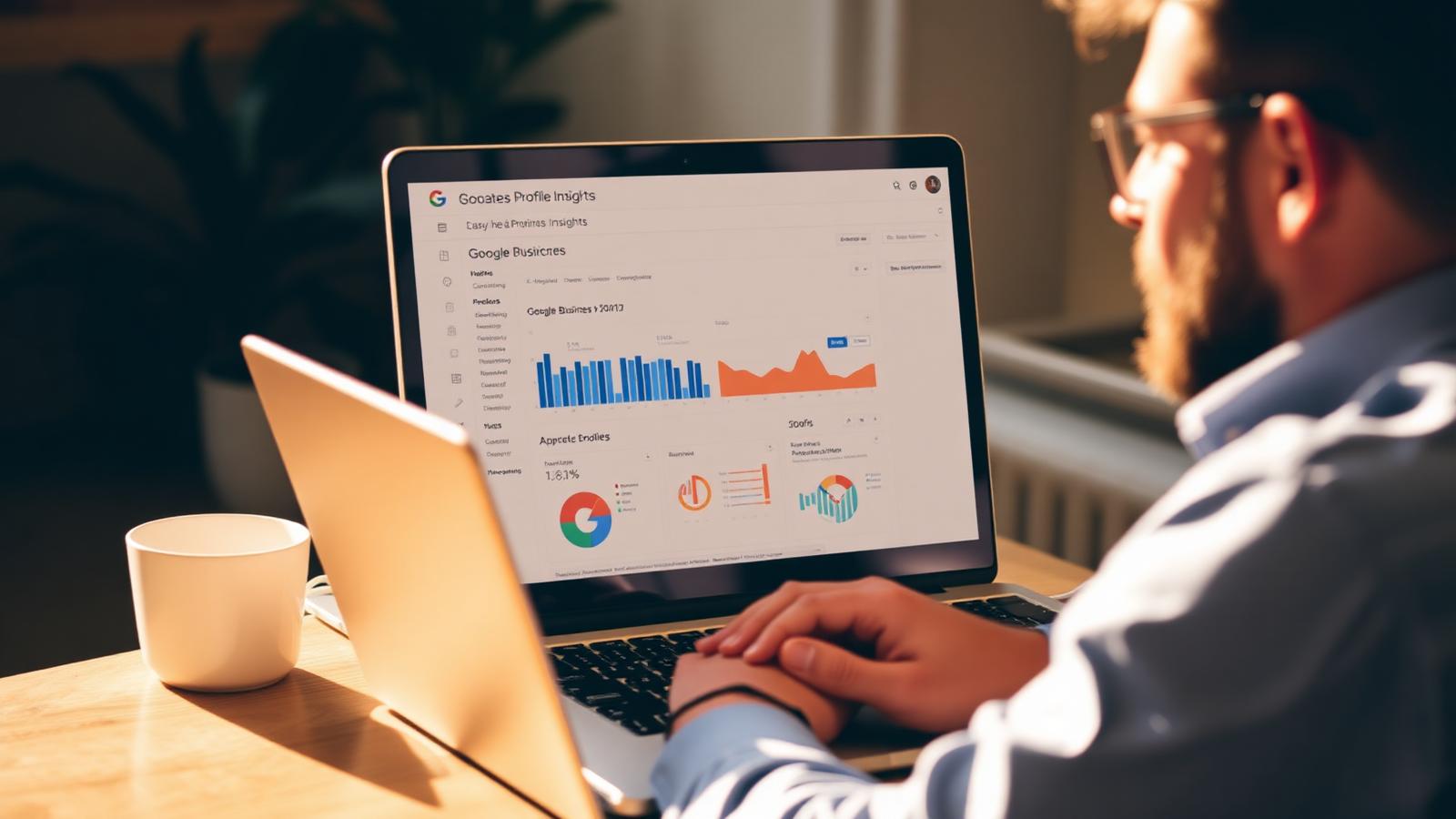 Small business owner reviewing a Google Business Profile Insights dashboard on a laptop with charts and metrics