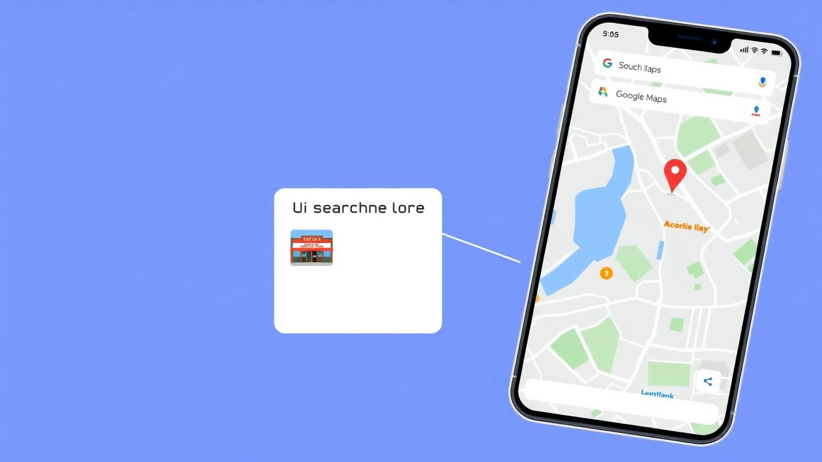 Illustration of a smartphone showing Google Maps search results with a highlighted local business listing and searched-for keywords popup