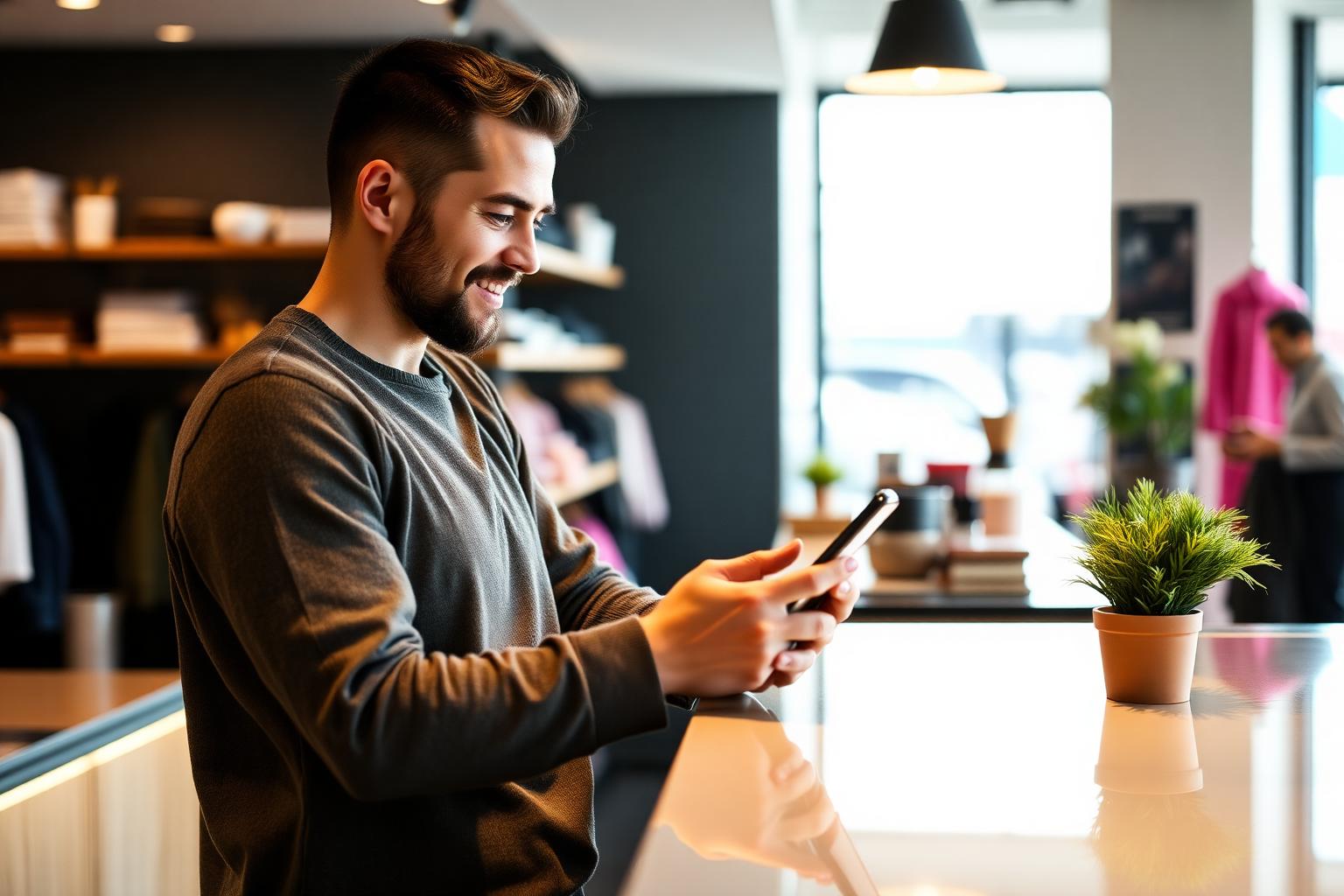 Small business owner replying to a customer chat message on a smartphone at the front counter
