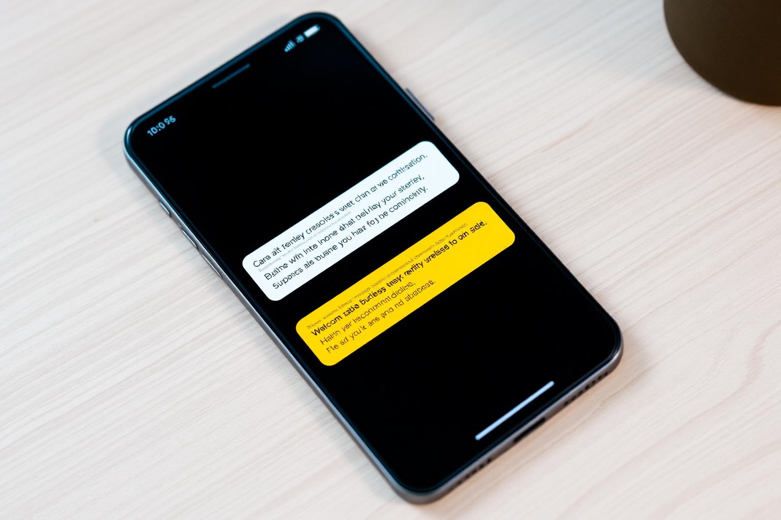 Smartphone showing a business chat conversation with a welcome message and quick replies