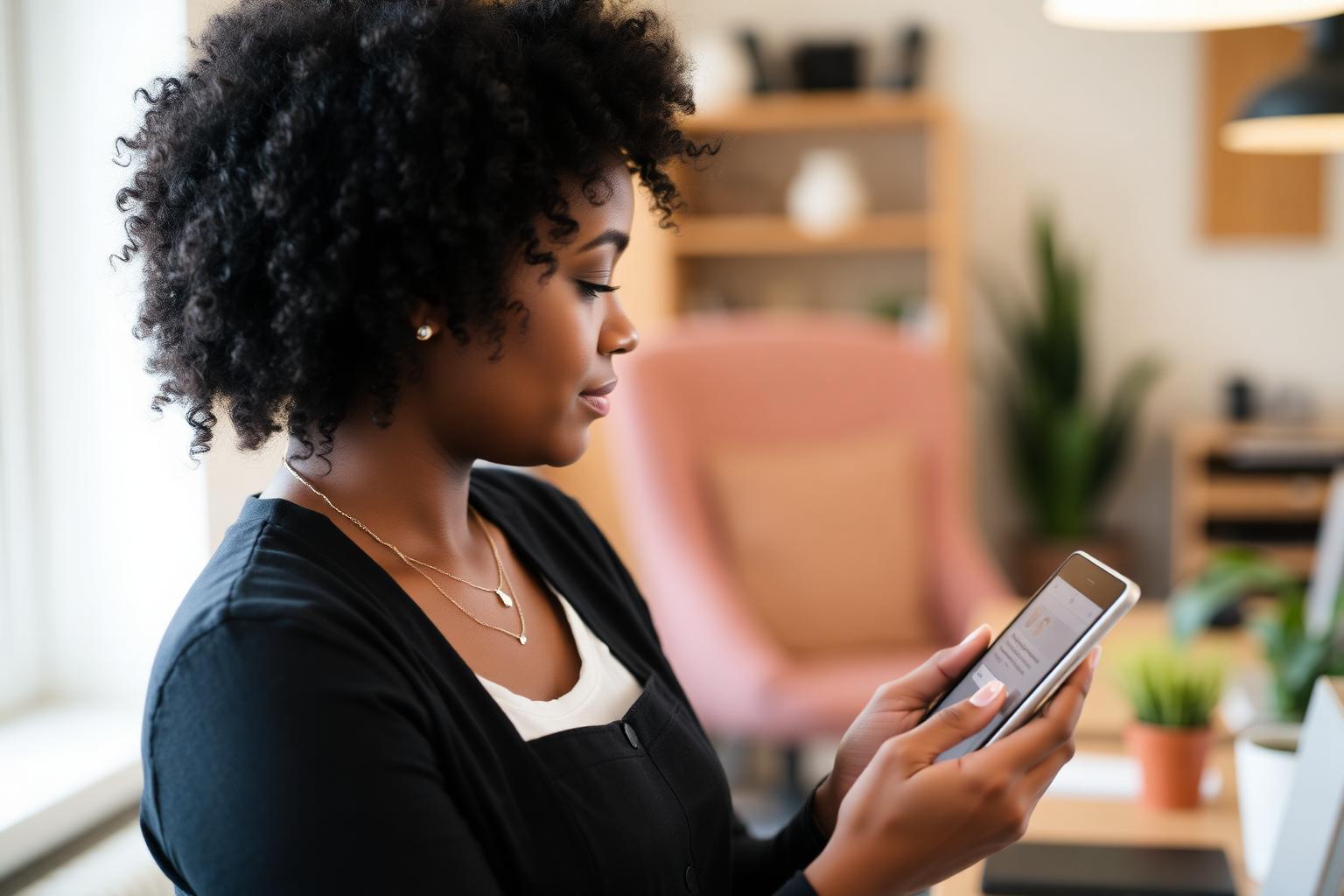 Team member reviewing customer messages on a smartphone inside a small business office