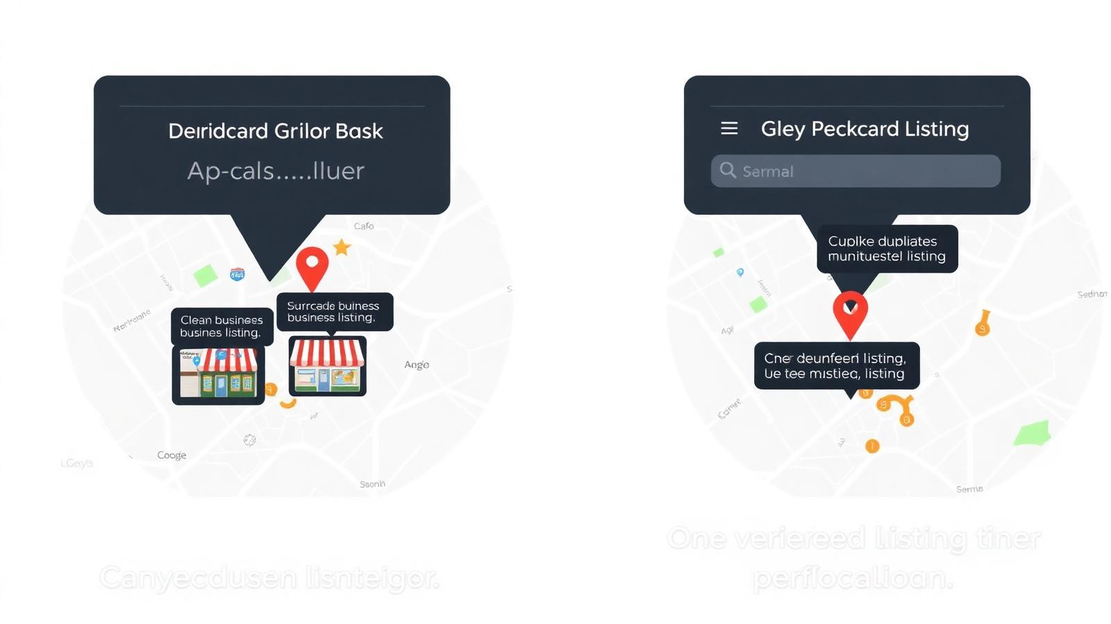 Comparison of duplicate business listings on a map versus one clean verified listing per location