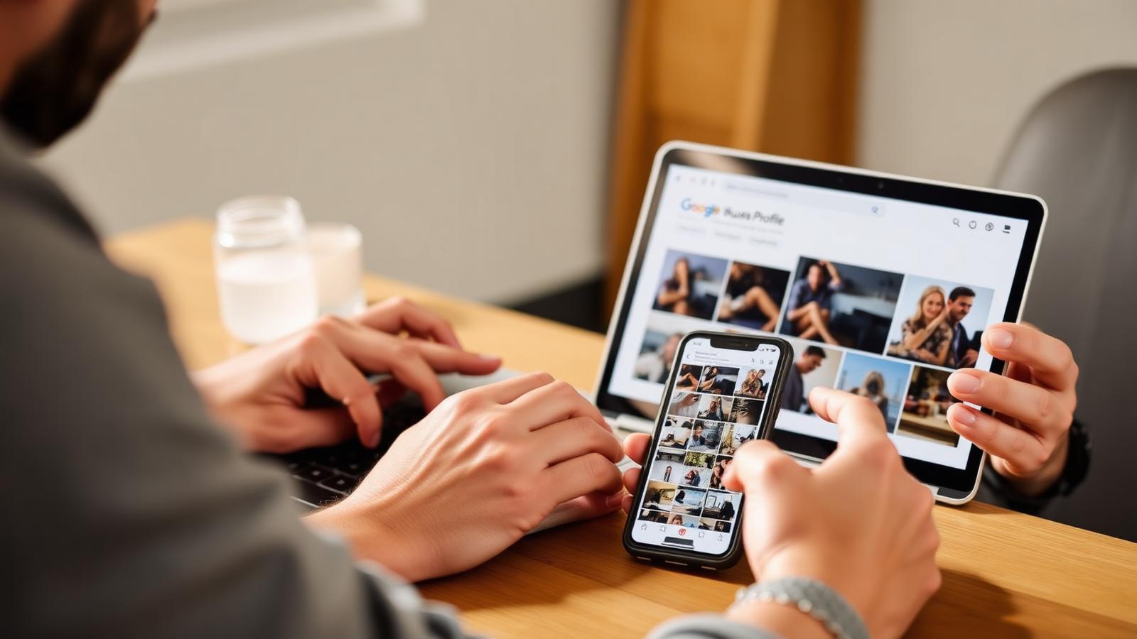 Business owner adding photos to a Google Business Profile on a laptop with a smartphone showing product photos beside it