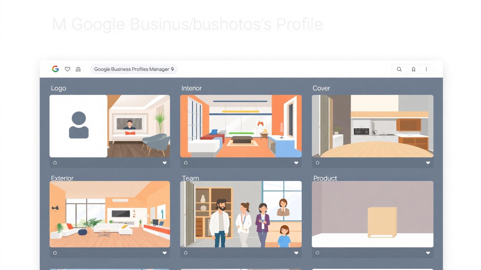 Google Business Profile photos manager showing a grid of business photos categorized as Logo, Cover, Interior, Exterior, Team, Product