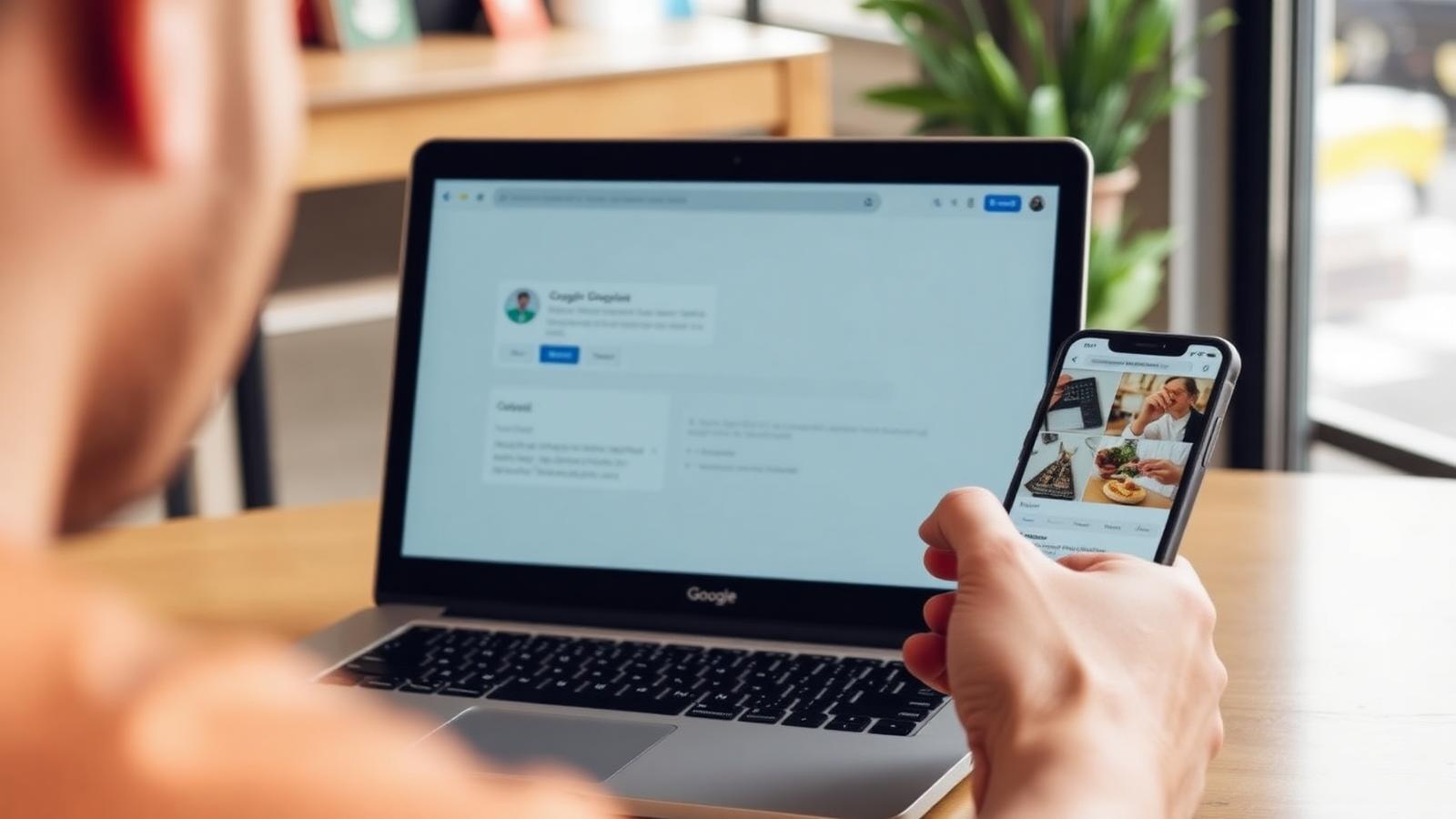 Local cafe owner scheduling a Google Business Profile update on a laptop with a phone showing recent business photos
