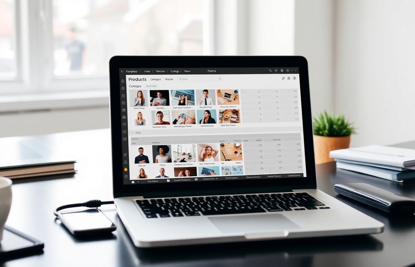 Product catalog editor on a laptop with product thumbnails and category rows