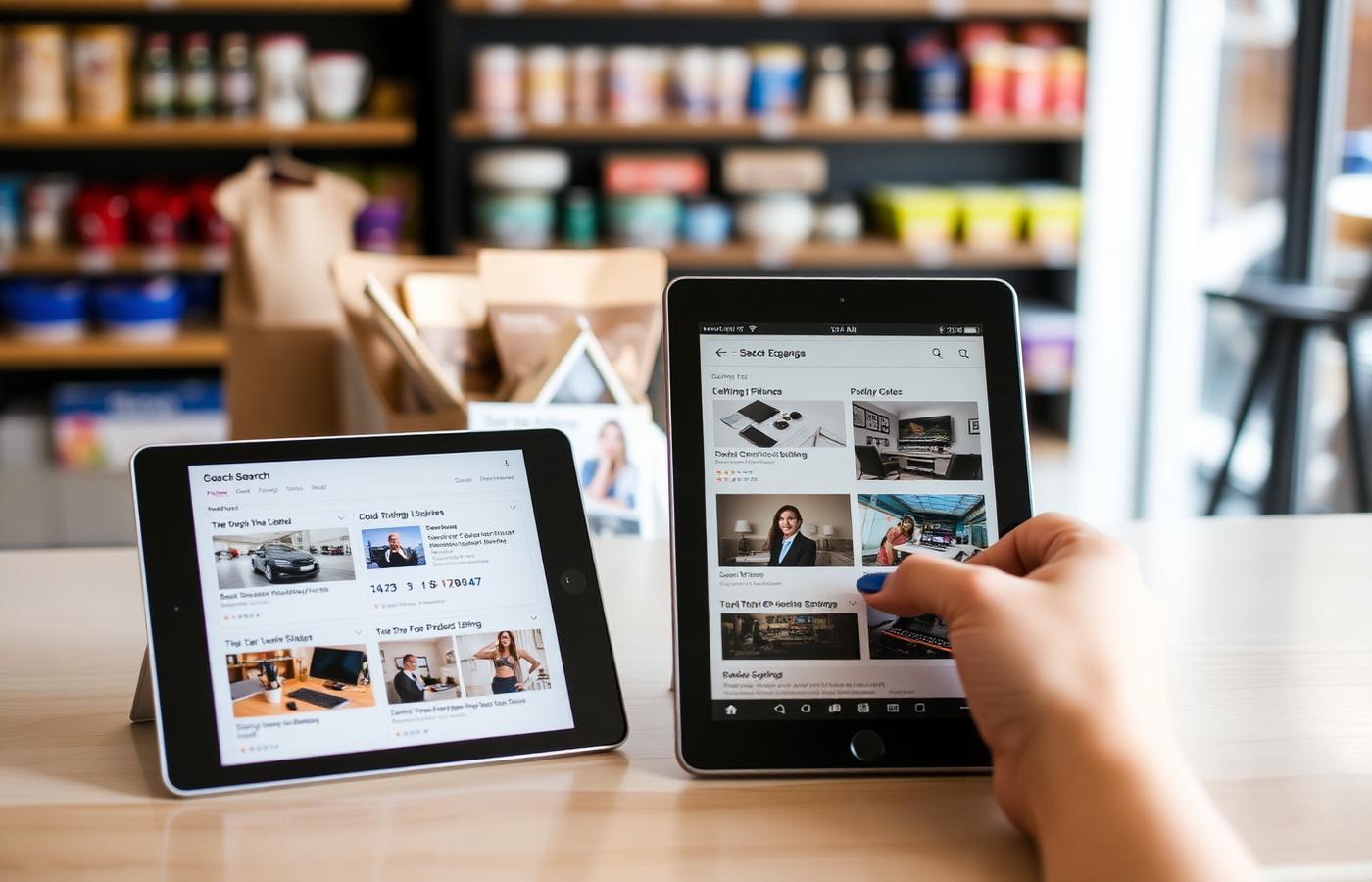 Product listing cards displayed on tablets beside retail inventory inside a local store