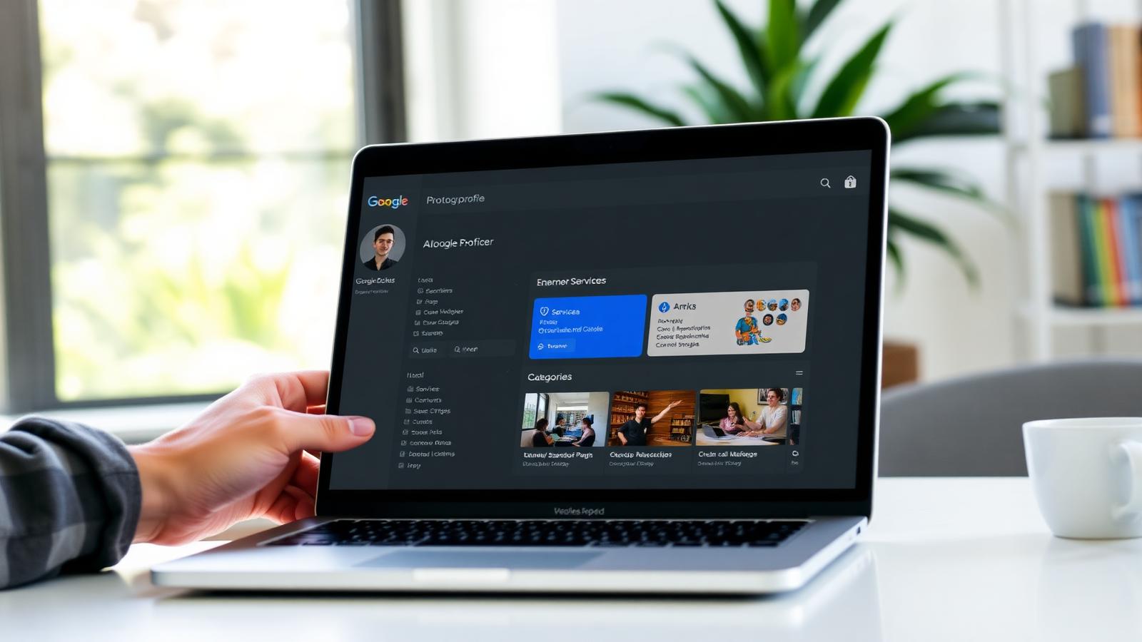 Business owner editing categories and services in a Google Business Profile dashboard on a laptop