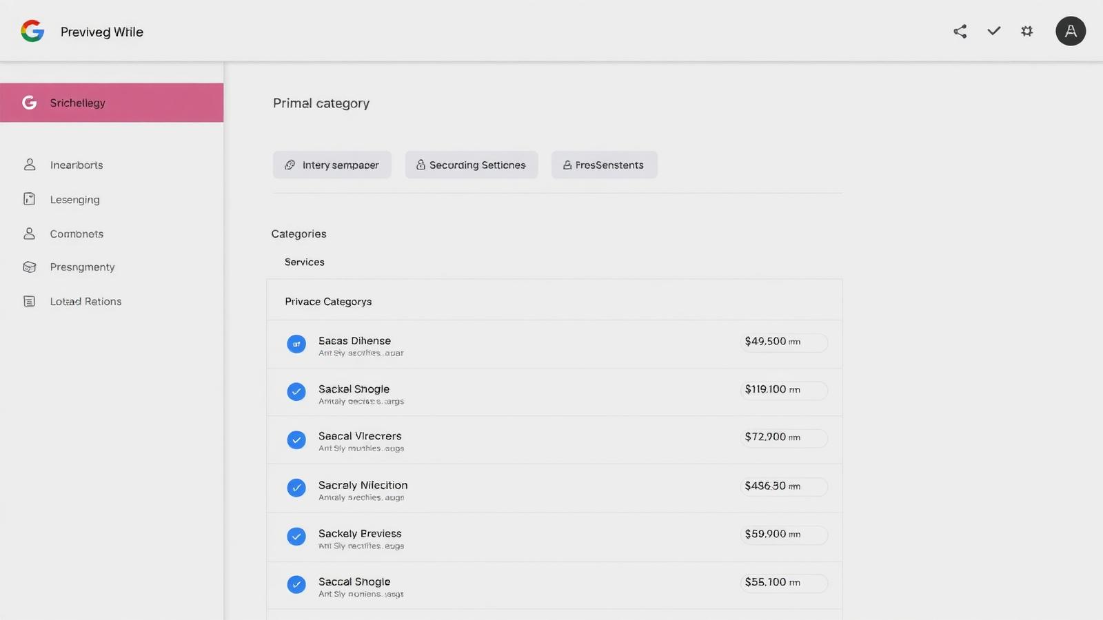 Google Business Profile services editor showing primary category, secondary categories, and priced services