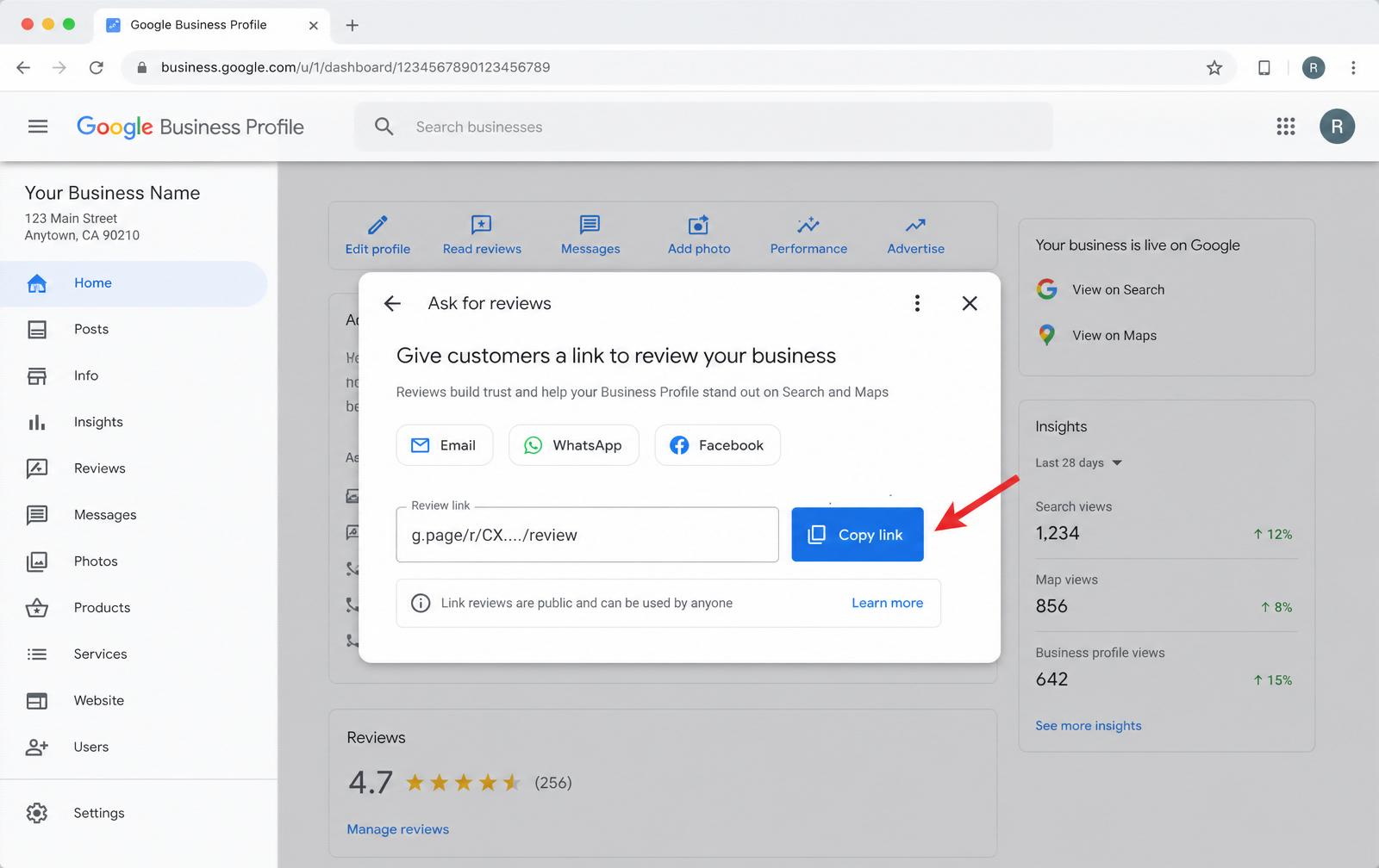Screenshot of the Google Business Profile dashboard with the Ask for reviews panel open, a red arrow pointing to the Copy link button next to a short g.page/r/... review URL