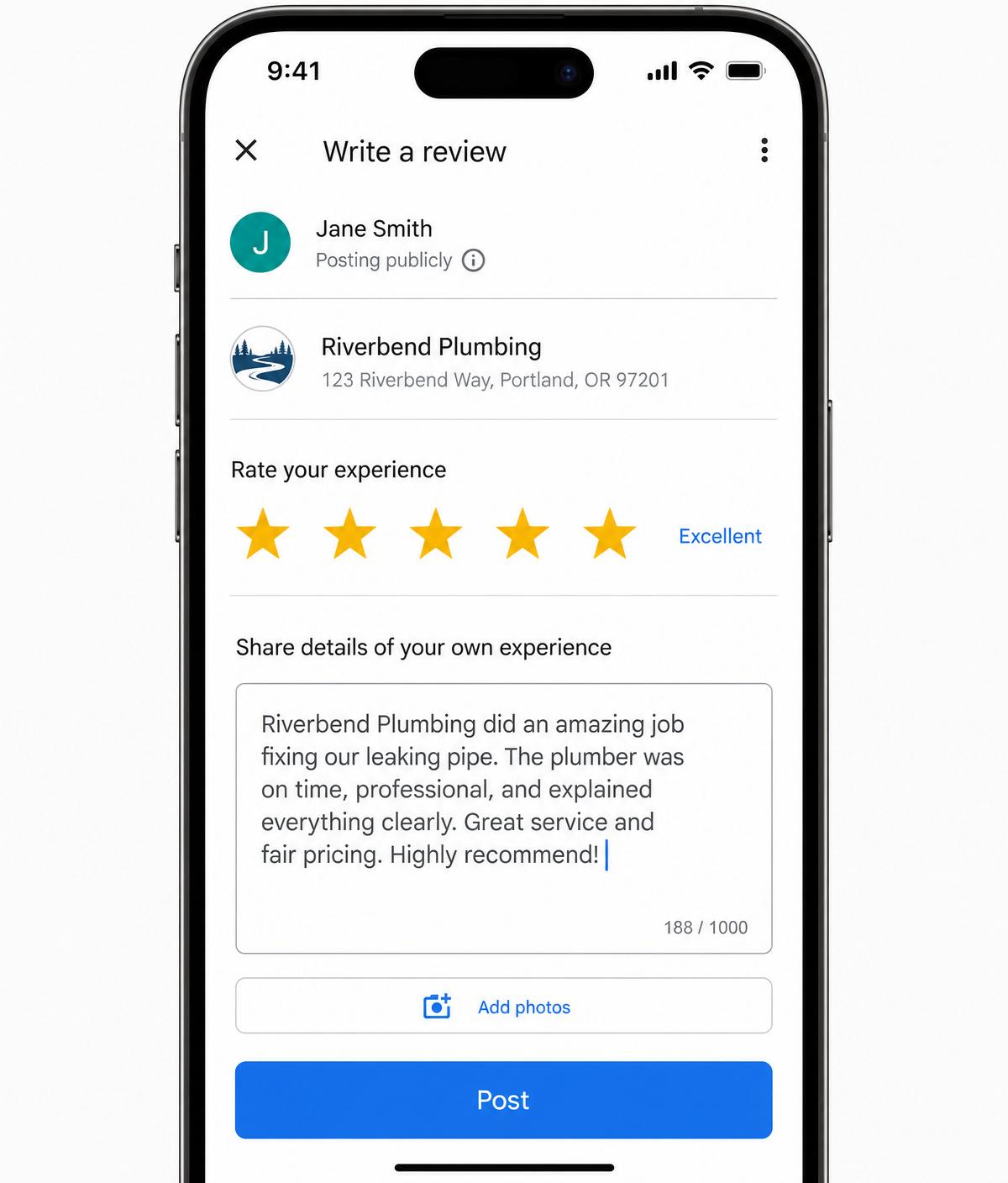 Smartphone screenshot of the Google review form for a fictional business Riverbend Plumbing, showing five gold stars selected, a written review, an Add photos option, and a blue Post button