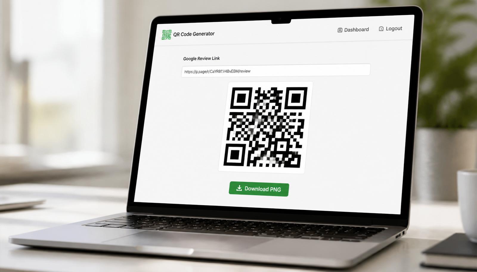 Laptop on a bright desk showing a Google review QR code generator with a shortened review link and a download button