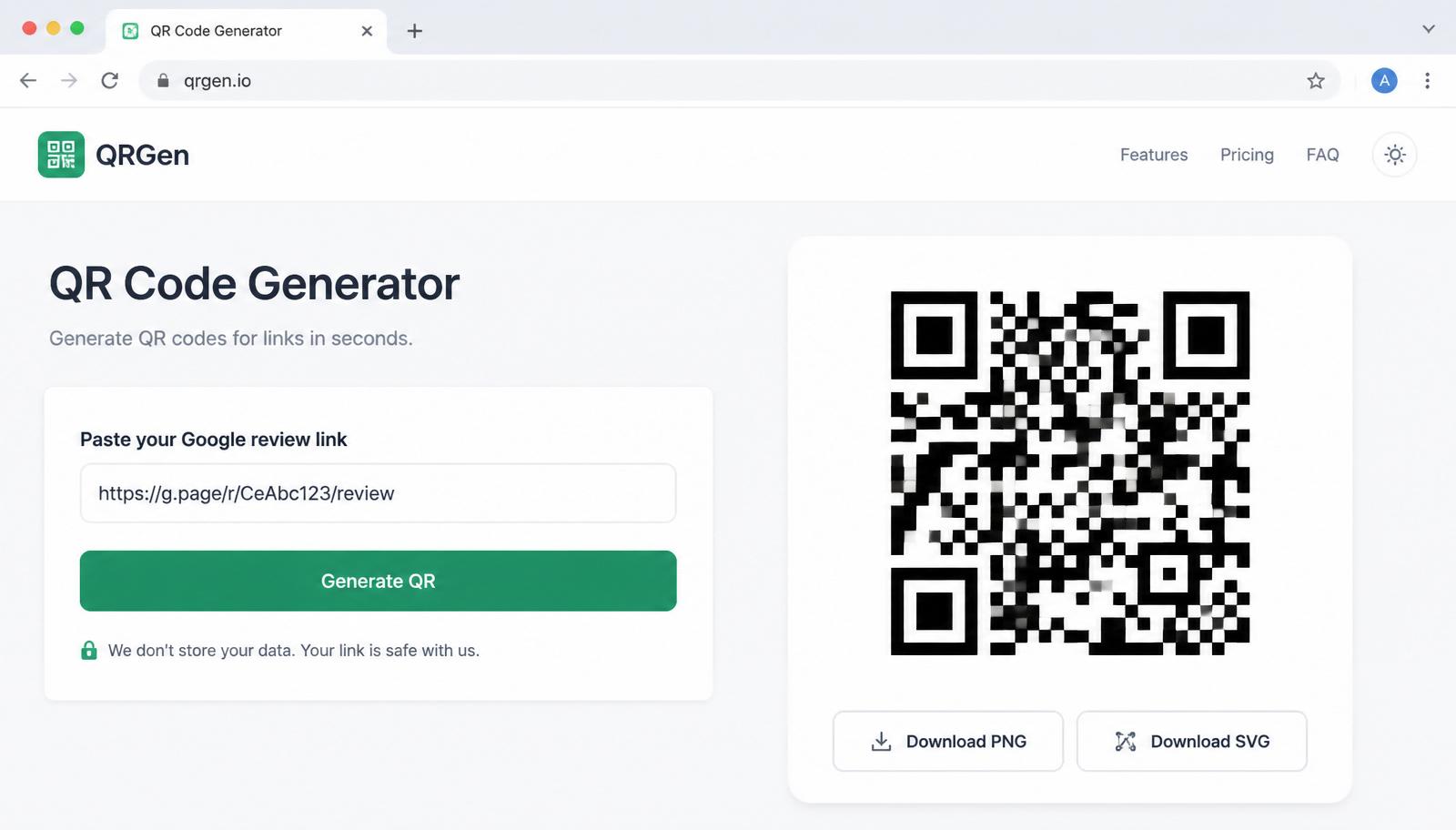 Browser tab showing a QR code generator with the paste-your-Google-review-link field filled and a large QR preview on the right with Download PNG and SVG buttons