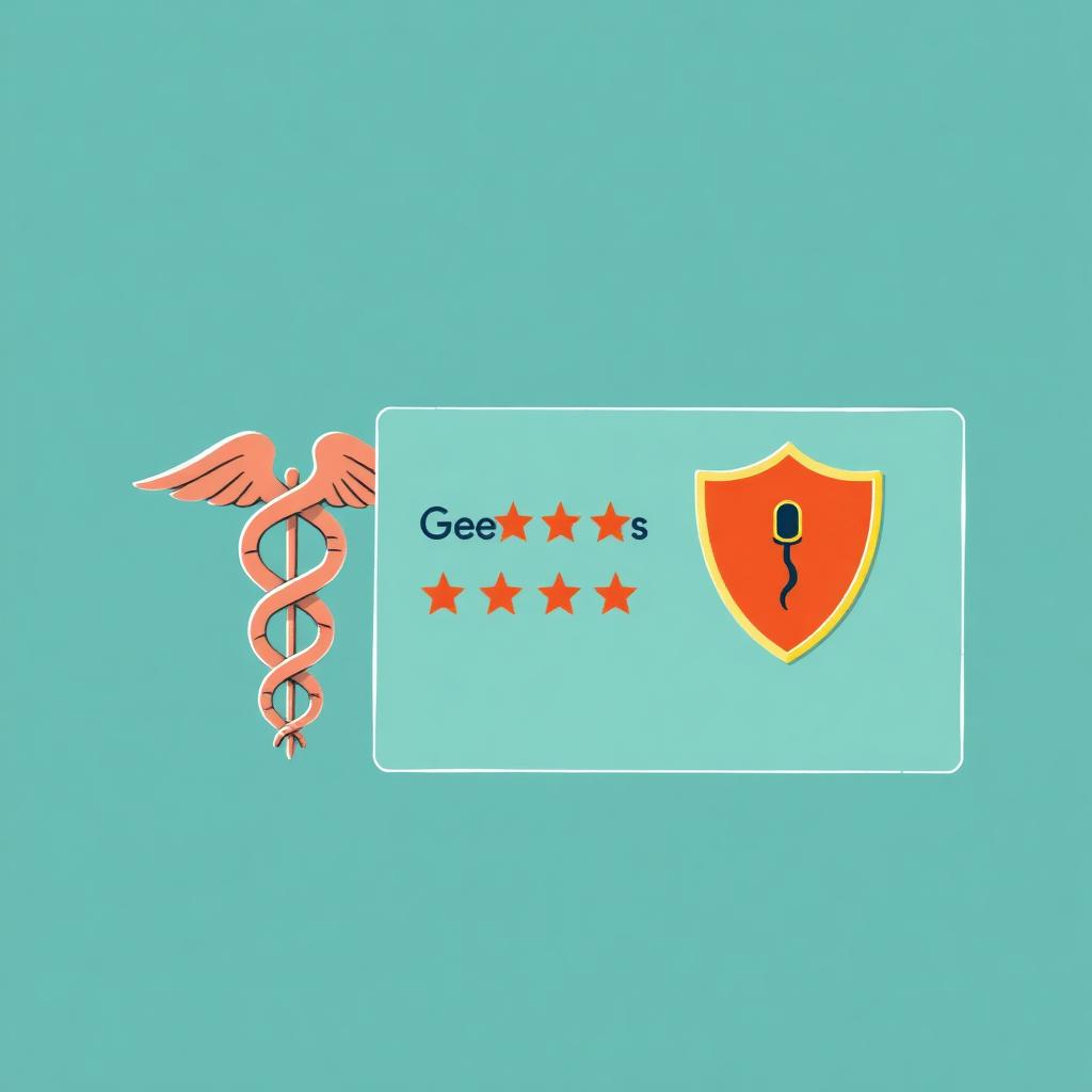Editorial illustration of a medical caduceus symbol beside a Google review card marked with a privacy shield
