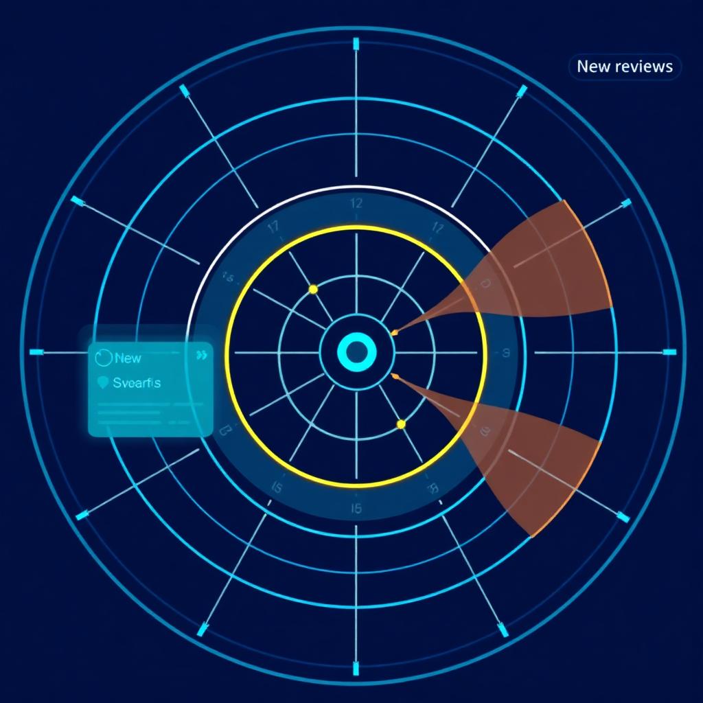 Editorial illustration of a radar dashboard scanning for new reviews with alert indicators