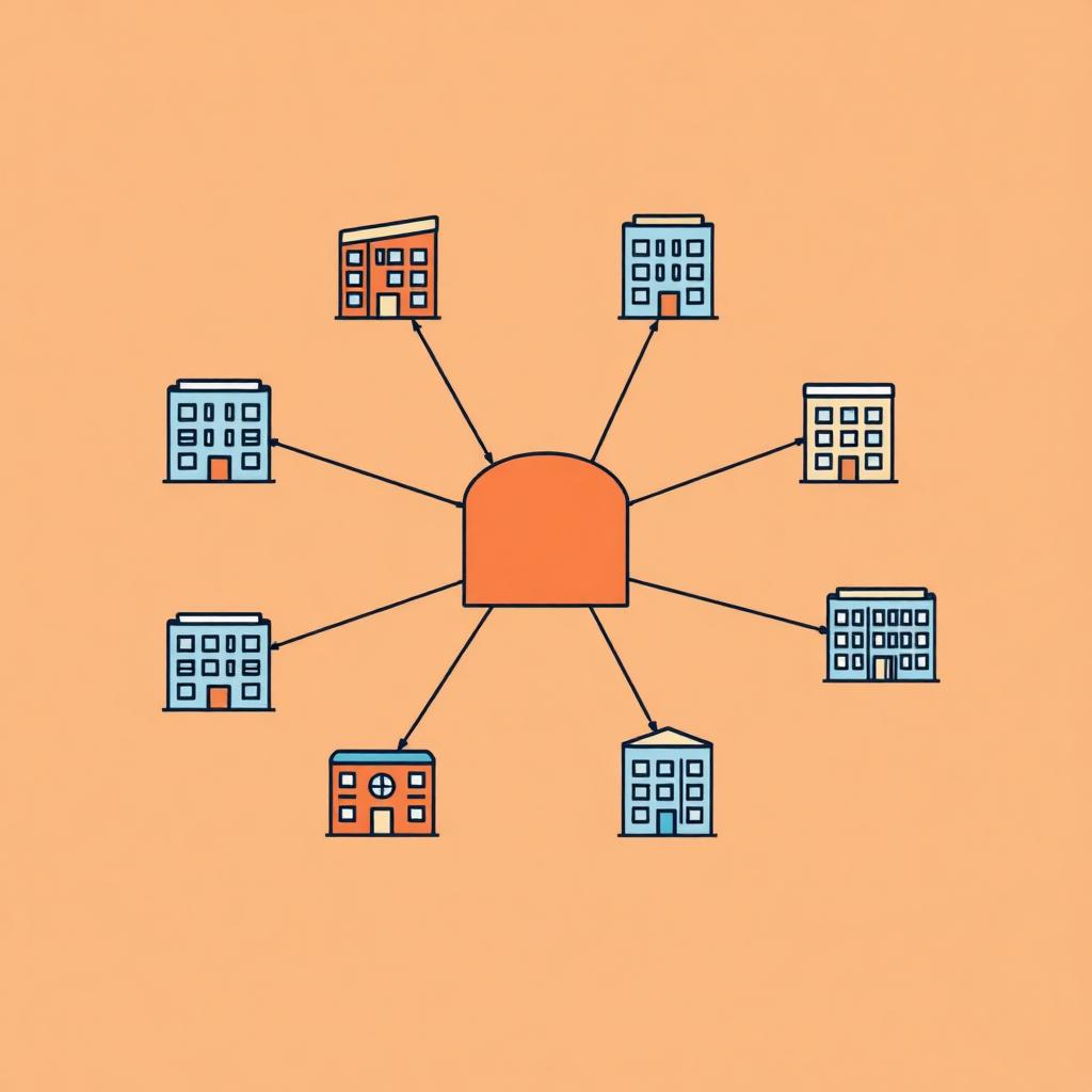 Editorial illustration of a network of building icons connected to a central dashboard, representing multi-location franchise management