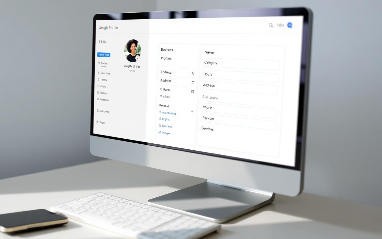 Desktop Google Business Profile dashboard showing the Info tab with business name, category, address, hours, phone, and services fields