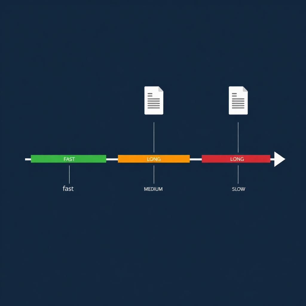 Horizontal timeline showing three colored bands: fast (green), medium (orange), and slow (red), with document icons above each band