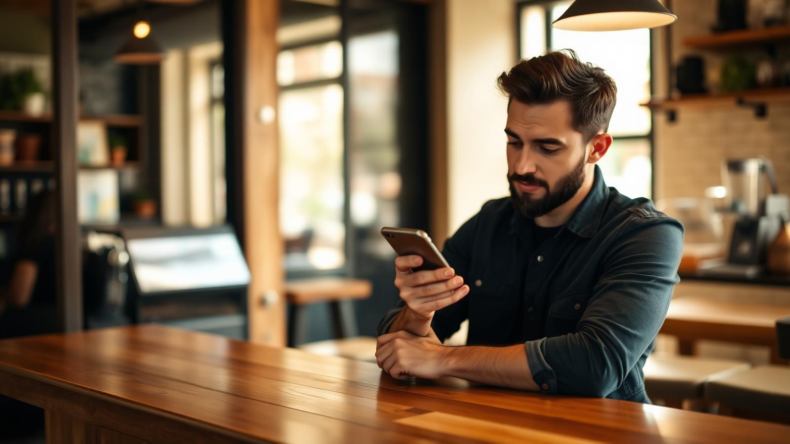 Small business owner sitting at a café counter reading a 1-star Google review notification on their phone