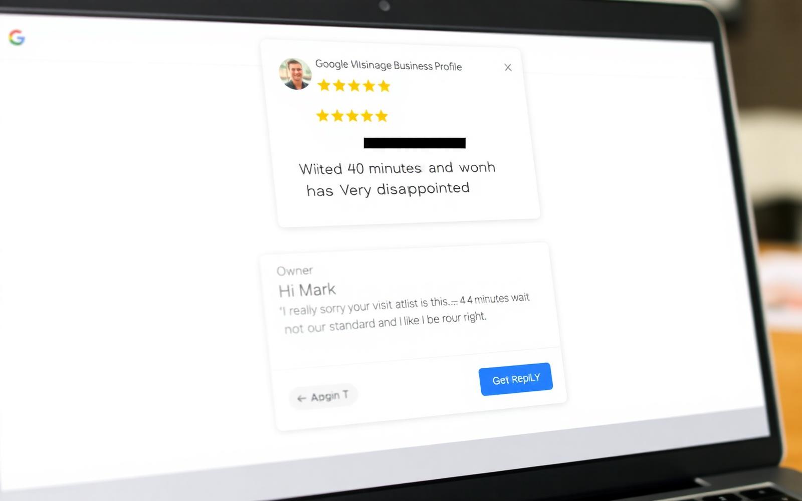 Google Business Profile desktop review card showing a 1-star review from Mark T. with an owner reply beginning Hi Mark, I'm really sorry your visit went this way