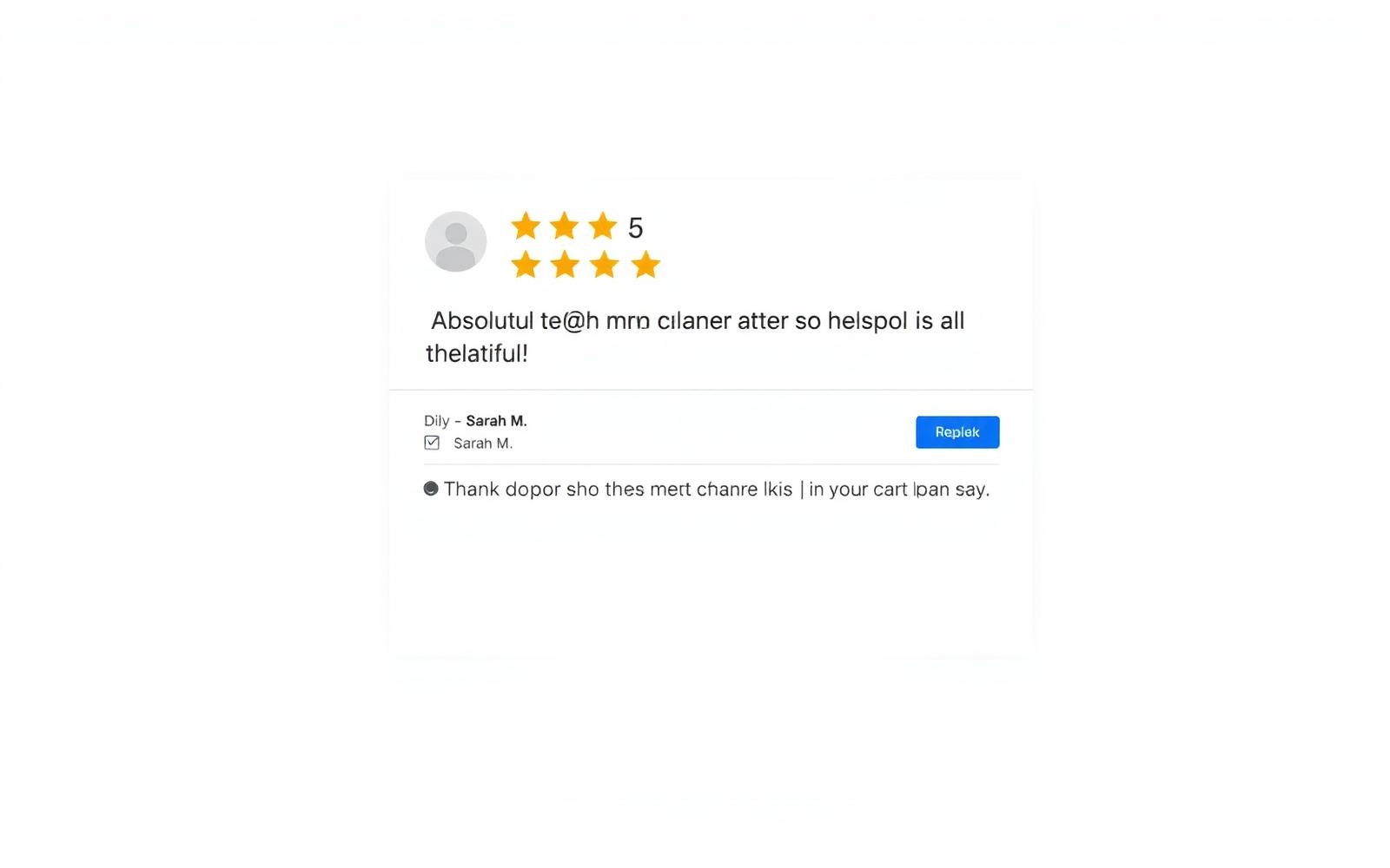 Desktop Google Business Profile review card showing a 5-star review from Sarah M. with an owner reply beginning Hi Sarah, thank you so much for taking the time to share this