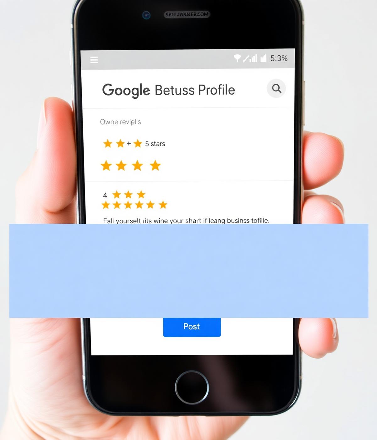Google Business Profile mobile app showing the Reviews tab with a 5-star customer review expanded and the owner reply text input open with a blue Post button