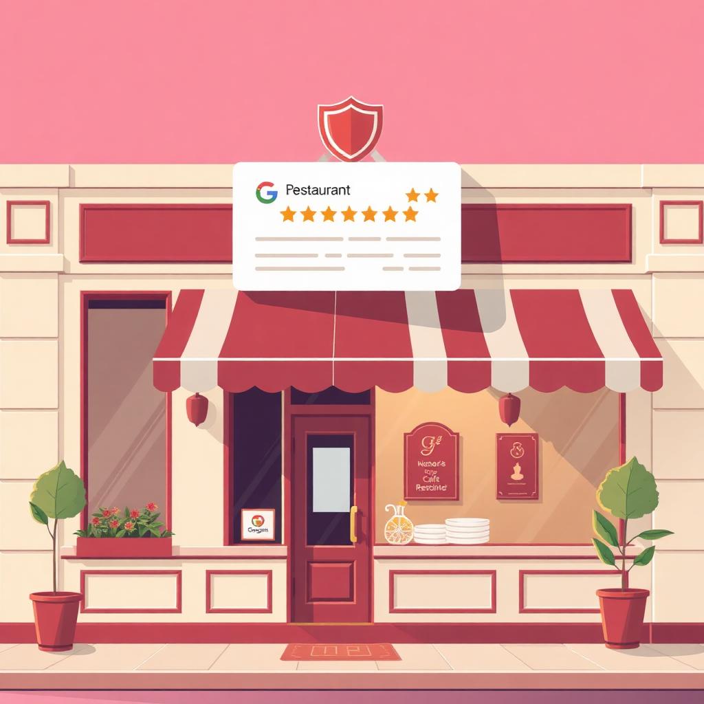 Editorial illustration of a restaurant storefront with a Google review card and a shield icon
